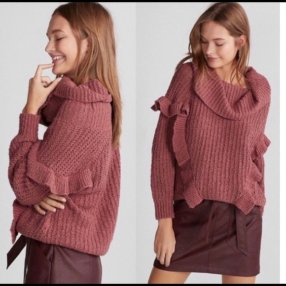 EXPRESS Nwt Cozy Chunky Knit Ruffle Sweater in Mauve Dusty Rose, Oversized, S - Picture 1 of 12